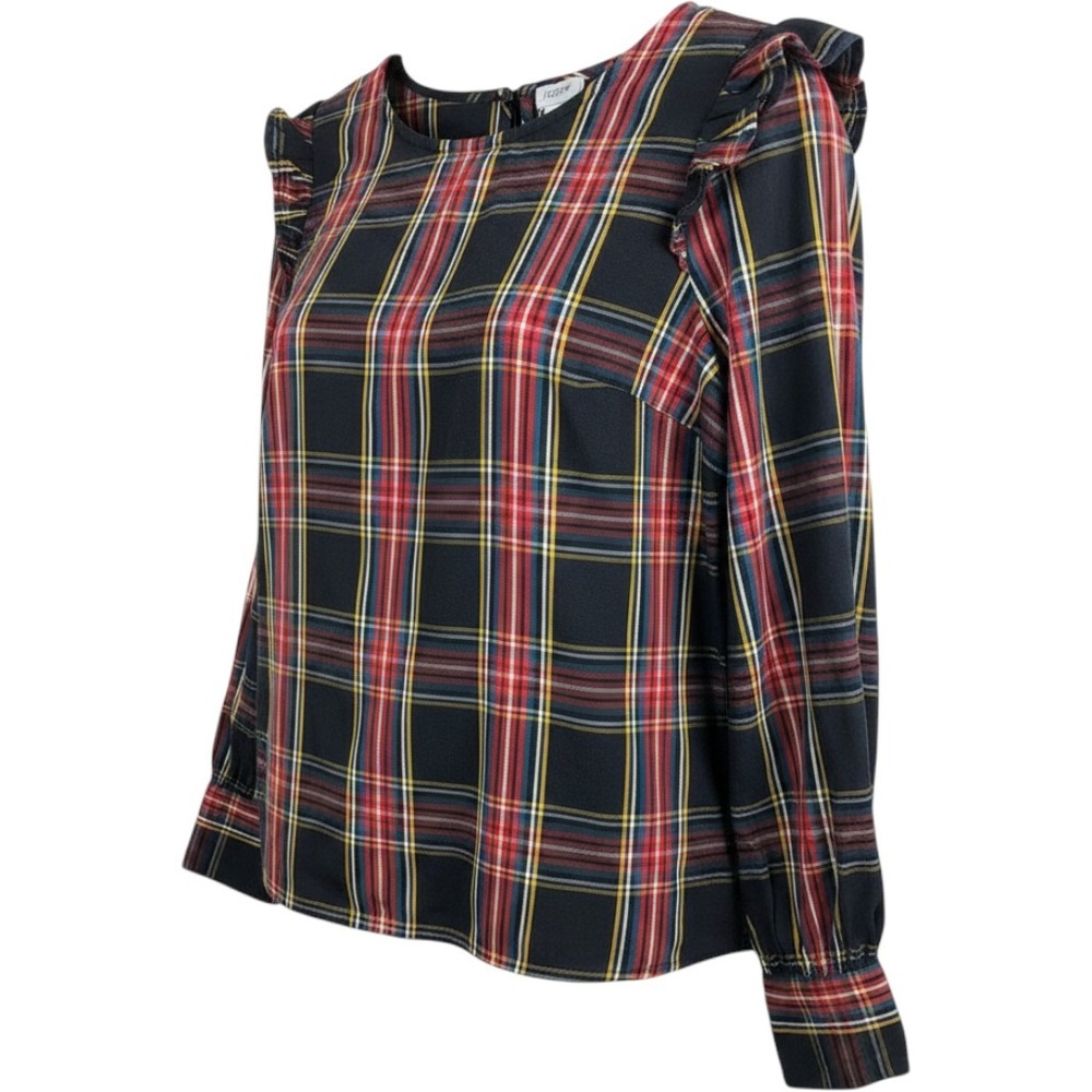 M J.Crew Re-Imagined‎ Plaid Ruffle Shoulder Tartan Blouse Top Black Red Medium